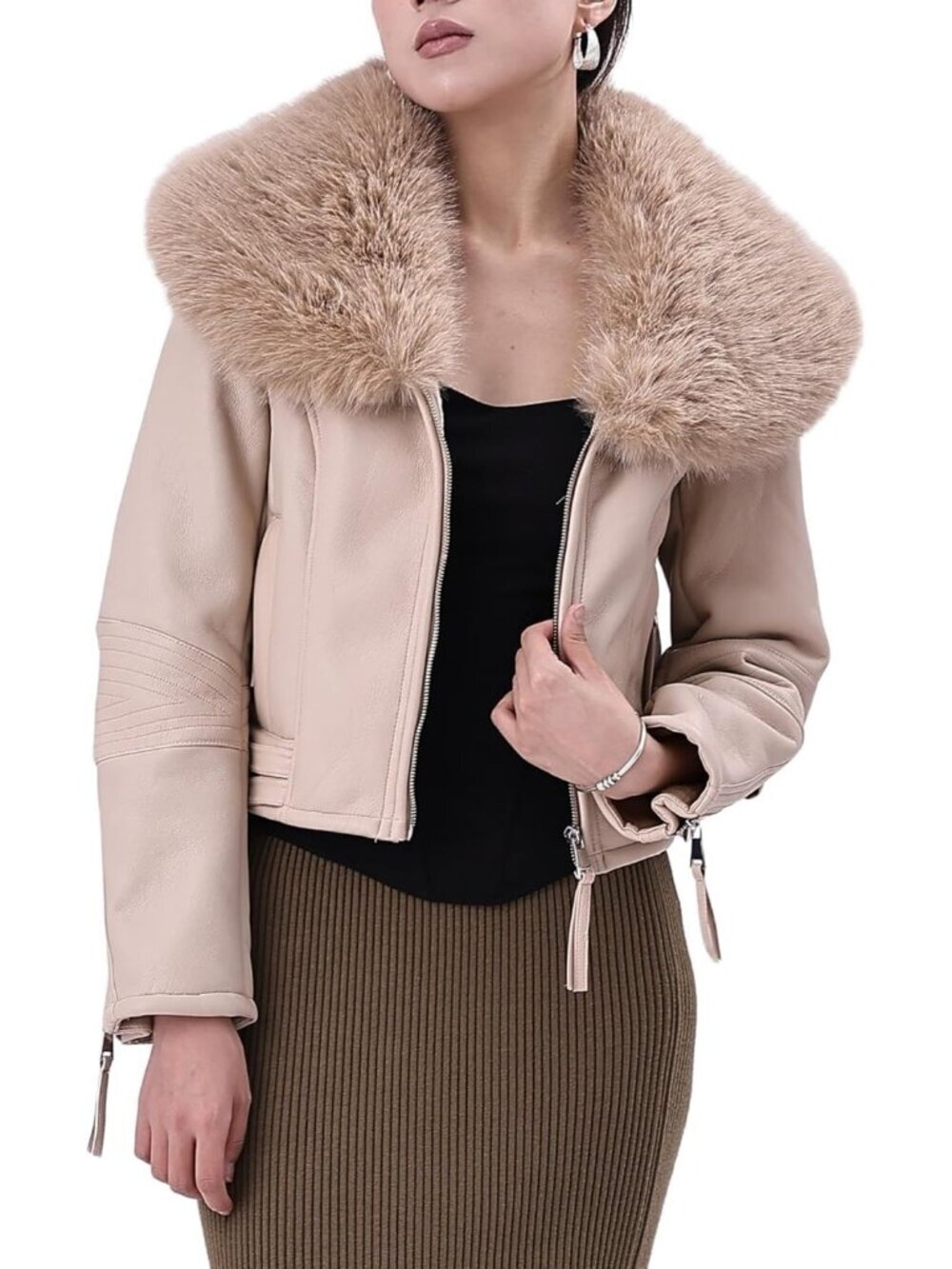 Womens Beige Polyester Faux Motorcycle Stylish Removable Fur Collar Jacket